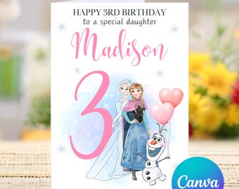 Feliz tercer cumpleaños a una hija especial, tarjeta personalizada de Frozen para el tercer cumpleaños, feliz tercer cumpleaños, linda tarjeta de castillo