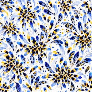 Puede incluir: Un patrón continuo que presenta formas florales al estilo acuarela en tonos azul, amarillo y negro. El diseño consiste en formas alargadas similares a pétalos con manchas de leopardo y puntos dispersos sobre un fondo blanco.