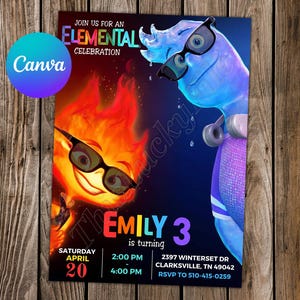 May include: Invitation to an Elemental Celebration for Emily's 3rd birthday. The invitation features cartoon characters from the movie Elemental, a fire character and a water character, with the text "JOIN US FOR AN ELEMENTAL CELEBRATION" at the top. The invitation includes the date, time, and location of the party.