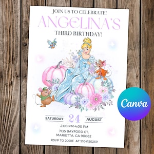 Convite Cinderela Princesa Cinderela Convite de Aniversário Festa Cinderela Cinderela Aquarela Convite Editável Cartão Digital