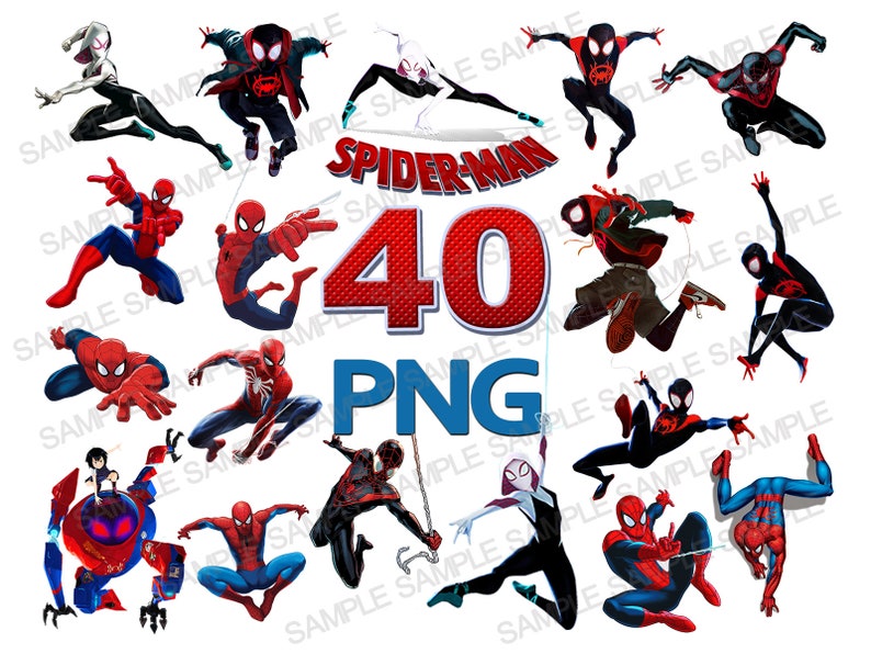 May include: A set of 40 PNG images featuring Spider-Man characters from the animated film Spider-Man: Into the Spider-Verse. The characters include Miles Morales, Gwen Stacy, Peter Parker, and others. The images are in a variety of poses and expressions.
