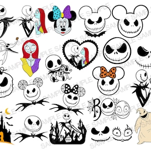 May include: A collection of black and white illustrations featuring characters from the Nightmare Before Christmas movie. The characters include Jack Skellington, Sally, Zero, Oogie Boogie, and more. The illustrations are perfect for crafting, scrapbooking, or other creative projects.