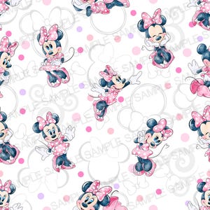 Puede incluir: Un patrón sin costuras con fondo blanco con lunares rosas e imágenes repetidas de Minnie Mouse en varias poses. Minnie Mouse lleva un vestido rosa con lunares blancos y un lazo rosa.