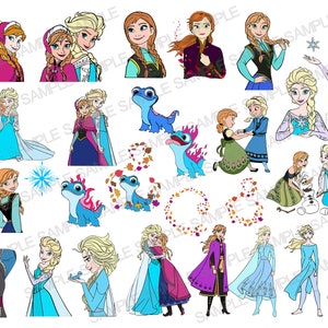 May include: A digital clipart set featuring various images of the Disney characters Elsa and Anna from the movie Frozen. The images include the sisters together, Elsa alone, Anna alone, and the characters with other Frozen characters like Olaf and Sven. The images are in a cartoon style and are perfect for crafting projects, scrapbooking, or digital design.