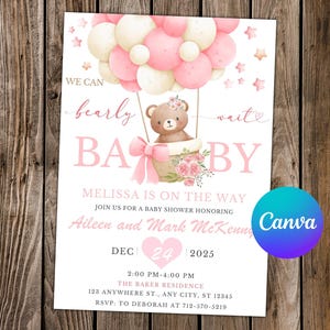 Convite para chá de bebê com ursinho de pelúcia Convite para festa de aniversário Convite para festa de balão de ar quente Convite editável para festa de chá de bebê com ursinho de pelúcia