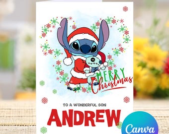 Merry Christmas to a Wonderful Son, Stitch Personalized Merry Christmas Card, Stitch Christmas, Cute Card