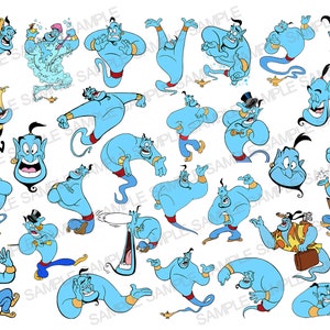 May include: A collection of 30 cartoon illustrations of a blue genie with different expressions and poses. The genie is wearing a red turban and has a long, flowing beard. The genie is surrounded by a cloud of smoke and is holding a magic lamp.