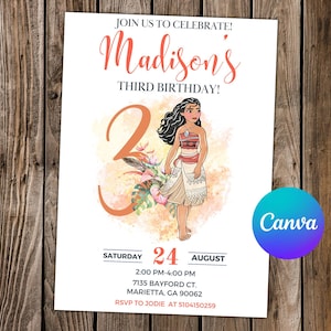 Moana Invitation Moana Birthday Moana Party Moana Watercolor Editable Invitation Moana Digital Card