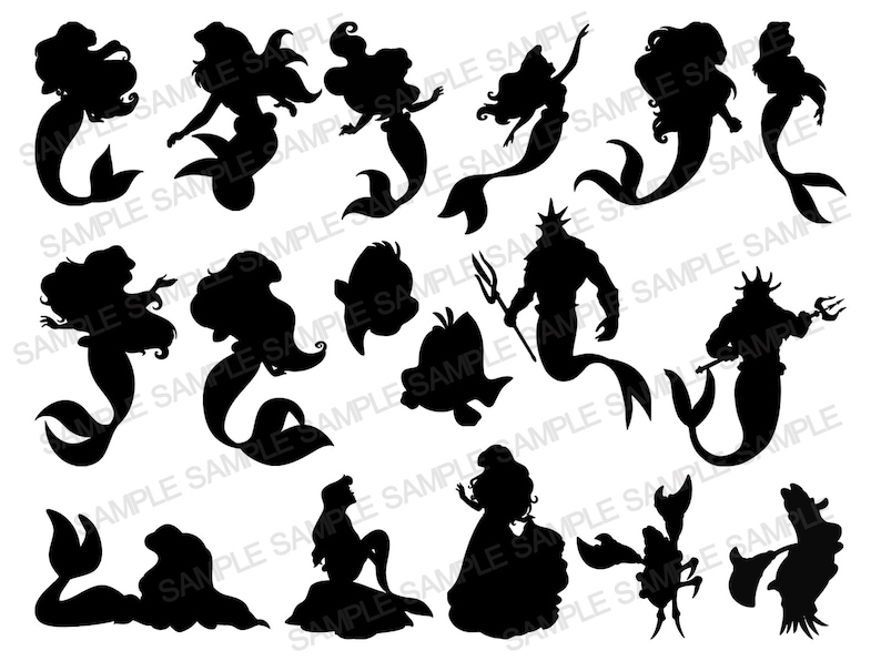 May include: A set of black silhouette images of mermaids, a crab, a fish, and a sea monster. The images are in a variety of poses, including swimming, standing, and holding a trident.