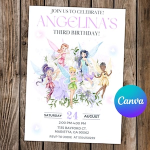 Faire-part la fée Clochette, invitation d'anniversaire fée clochette, fête de la fée Clochette, invitation modifiable aquarelle fée clochette, carte numérique fée clochette