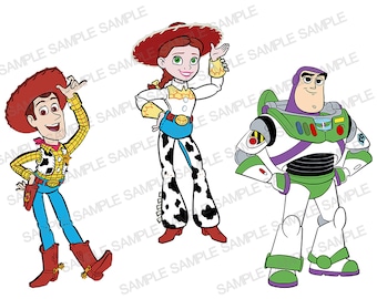 May include: Toy Story characters Woody, Jessie, and Buzz Lightyear. Woody is wearing a red cowboy hat and vest, blue jeans, and brown boots. Jessie is wearing a red and white cowgirl hat, a yellow shirt with a sheriff's star, blue jeans with a cow print, and red boots. Buzz Lightyear is wearing a green and white space ranger suit with a purple chest piece and a helmet.