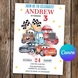 Race verder en vier feest Auto's Uitnodigingsauto's Verjaardagsauto's McQueen-feest bewerkbare uitnodiging Auto's Digitale kaart
