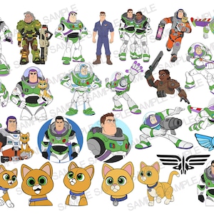 Op de afbeelding: Een verzameling kleurrijke cartoonfiguren, waaronder een ruimte-ranger, een kat en een robot. De personages staan allemaal in verschillende poses en hebben verschillende gezichtsuitdrukkingen. De afbeelding is een digitale illustratie.