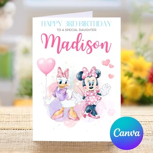 Alles Gute zum Geburtstag für eine spezielle Tochter, Minnie Maus Personalisierte Geburtstagskarte für den dritten Geburtstag, Alles Gute zum Geburtstag von Daisy Duck