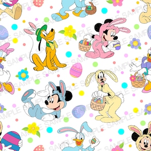 May include: A seamless pattern featuring Disney characters dressed as Easter bunnies. Mickey Mouse, Donald Duck, Pluto, and Goofy are shown with Easter eggs and baskets on a white background with colorful polka dots and flowers.