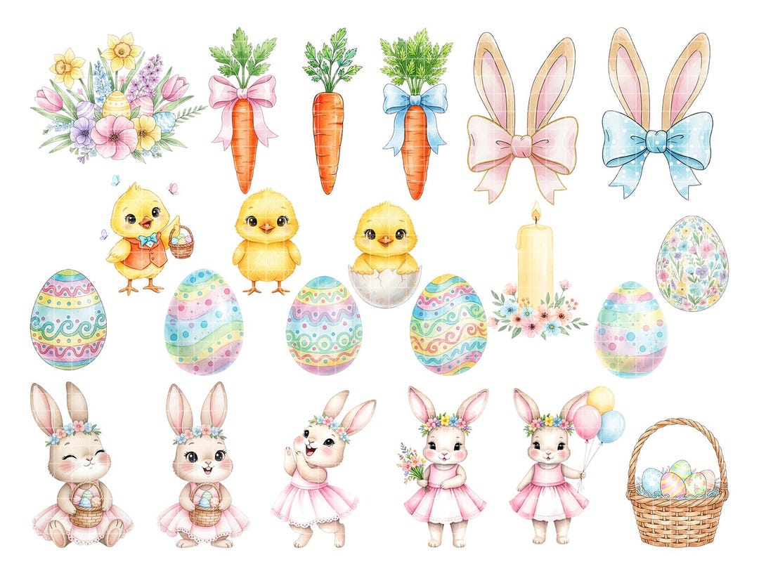 Easter Bunny & Chicks Watercolor Clipart | Cute Spring PNG Set | Bunny ...