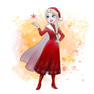 Puede incluir: Ilustración de un personaje de la película Frozen, con un atuendo navideño rojo y un gorro de Papá Noel. El personaje sostiene un copo de nieve. El fondo tiene un efecto de acuarela con copos de nieve.