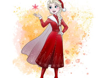 Elsa Christmas Clipart, Watercolor Santa Hat Snow Queen PNG, Magic Snowflake Sublimation Design, Red Winter Shirt Art