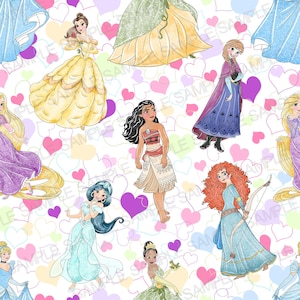 Op de afbeelding: Een kleurrijk patroon met verschillende Disney-prinsessen in hun iconische jurken. De prinsessen worden omringd door roze, paarse en witte harten. De achtergrond is wit.
