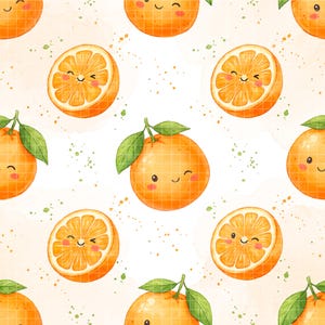 May include: A repeating pattern of cartoon oranges with smiling faces and green leaves. Some oranges are whole, while others are sliced in half, revealing the juicy segments. The background is white with scattered green and brown speckles.