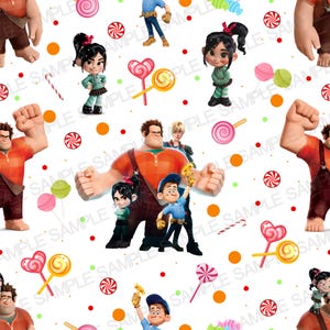 May include: A white background features a repeating pattern of characters from the animated movie, Wreck-It Ralph. The design includes Ralph, Vanellope, and other characters, along with candies and lollipops. The word "SAMPLE" is repeated throughout the design.