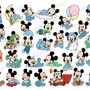 May include: A collection of 30 different cartoon images of Mickey Mouse in various poses and outfits. Mickey is wearing a variety of clothing, including a baseball uniform, pajamas, and a cowboy hat. He is holding different objects, such as a football, a teddy bear, and a kite.