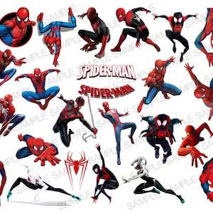 K&ouml;nnte beinhalten: Eine Sammlung von 16 bunten Comic-Spider-Man-Charakteren in verschiedenen Posen. Die Figuren sind alle rot und blau mit schwarzen Spinnweben. Der Text "Spider-Man" erscheint zweimal im Bild.