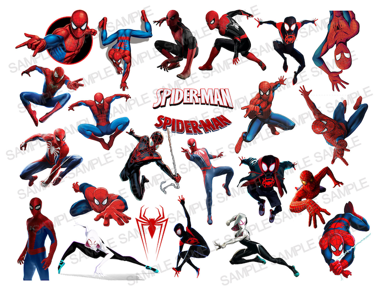 K&ouml;nnte beinhalten: Eine Sammlung von 16 bunten Comic-Spider-Man-Charakteren in verschiedenen Posen. Die Figuren sind alle rot und blau mit schwarzen Spinnweben. Der Text "Spider-Man" erscheint zweimal im Bild.