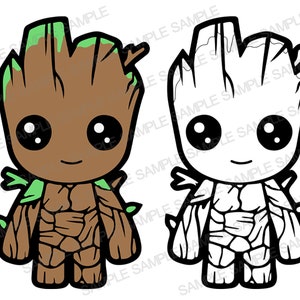 May include: Two cartoon images of a Groot-like character. One is colored in shades of brown and green, with large black eyes and a smiling expression. The other is a black and white outline of the same character. The word "SAMPLE" is printed repeatedly.