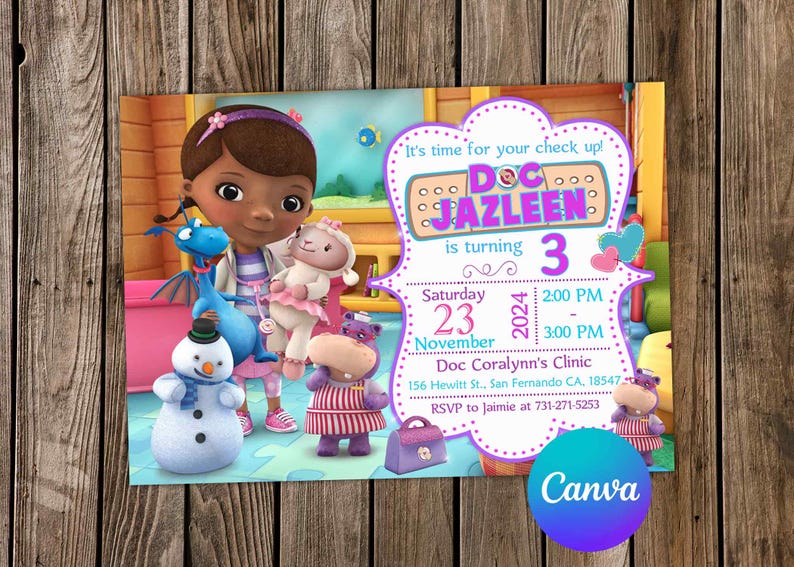 Doc McStuffins uitnodiging Doc McStuffins verjaardag Doc McStuffins partij Doc McStuffins bewerkbare uitnodiging digitale kaart afbeelding 1