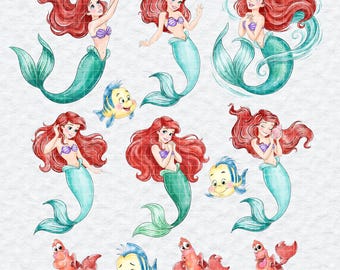 The Little Mermaid Clipart, Ariel Watercolor PNG Bundle, Flounder Sebastian Crab, Ocean Princess Sublimation Design