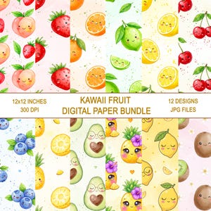 May include: A digital paper bundle with 12 designs of kawaii fruit illustrations. The designs include peaches, strawberries, oranges, limes, lemons, cherries, blueberries, pineapples, avocados, and kiwis. Each design is 30.48 x 30.48 cm.