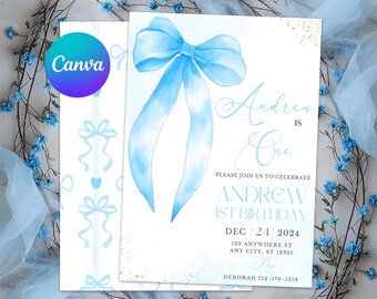 May include: A light blue watercolor bow design on a white invitation. The invitation reads "Andrew is One" and includes details for a first birthday celebration, including the date, time, and location. The Canva logo is visible.