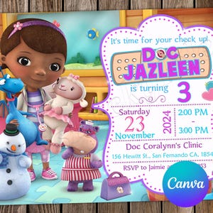 Doc McStuffins uitnodiging Doc McStuffins verjaardag Doc McStuffins partij Doc McStuffins bewerkbare uitnodiging digitale kaart