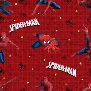 May include: Red fabric featuring a repeating pattern of Spider-Man in action poses, spiderwebs, yellow stars, and the text "SPIDER-MAN" in white. The background is a grid pattern.
