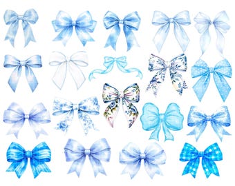 Watercolor Blue Bow PNG Ribbon Clip Art in Blue French Toile de Jouy Bow PNG Bundle Blue Gingham Bow Clipart PNG