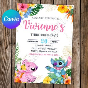 Carte numérique d'invitation d'anniversaire de Lilo et de Stitch de point de point d'invitation modifiable d'aquarelle d'aquarelle