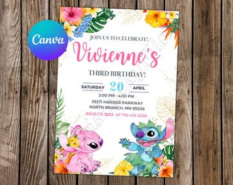 Stitch Invitation Stitch Birthday Lilo and Stitch Party Stitch Watercolor Editable Invitation Angel Digital Card