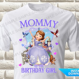 May include: White t-shirt with a purple design featuring a cartoon princess, a castle, and animals. The text "Mommy of the Birthday Girl" is printed on the shirt.