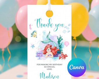 Little Mermaid Thank You Tag Ariel Birthday Thank You Little Mermaid Watercolor Favor Tags Ariel Thank You Gift