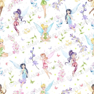 Puede incluir: Patrón sin costuras con ilustraciones de acuarela de hadas, mariposas y elementos florales en tonos rosa, morado, verde y azul sobre un fondo blanco. Las hadas tienen alas y están en varias poses.