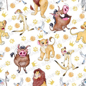 May include: A white background is covered with illustrations of characters from the Lion King. The characters include lions, a warthog, a meerkat, and birds. The design also features paw prints, crowns, and sunbursts.