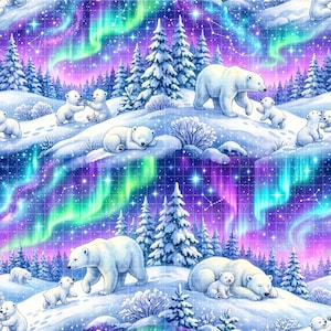 May include: A whimsical illustration depicts a winter scene with polar bears and their cubs. The background features a vibrant aurora borealis in shades of purple, green, and blue. Snow-covered hills and evergreen trees complete the enchanting design.