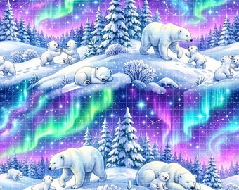Polar Bear Seamless Pattern, Northern Lights Digital Paper, Winter Aurora Borealis Background, Snowy Forest Fabric Design