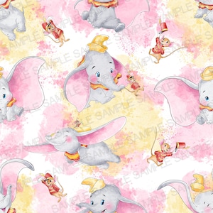 Puede incluir: Un patrón sin costuras que presenta un fondo de acuarela rosa y amarillo con un patrón repetido de un elefante gris con orejas rosas y un sombrero amarillo. El elefante sostiene una cuerda con un pequeño ratón que lleva un uniforme rojo y dorado al final de la cuerda.