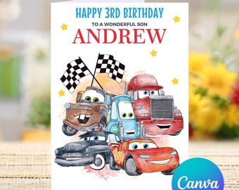 Happy 3rd Birthday to a Wonderful Son, Cars Personalized Third Birthday Card, Happy Third Birthday, Cute Card