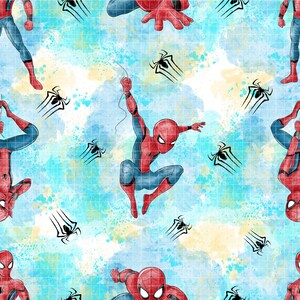 May include: A repeating pattern featuring the superhero Spider-Man in various action poses. The design includes the character in red and blue, along with black spider web symbols, set against a backdrop of blue and yellow watercolor-style splashes.
