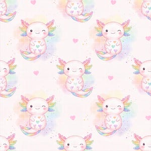 May include: A repeating pattern of cartoon axolotls with rainbow gills and tails, and hearts on their bodies. The axolotls are winking and smiling on a light pink background with small pink hearts.