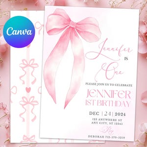 Convite de 1º aniversário com laço rosa, festa de primeiro aniversário com laço rosa, convite editável com laço rosa, cartão digital