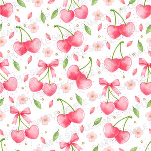 May include: A seamless pattern featuring pink heart-shaped cherries with green stems and leaves, pink flower petals, and gold glitter on a white background.